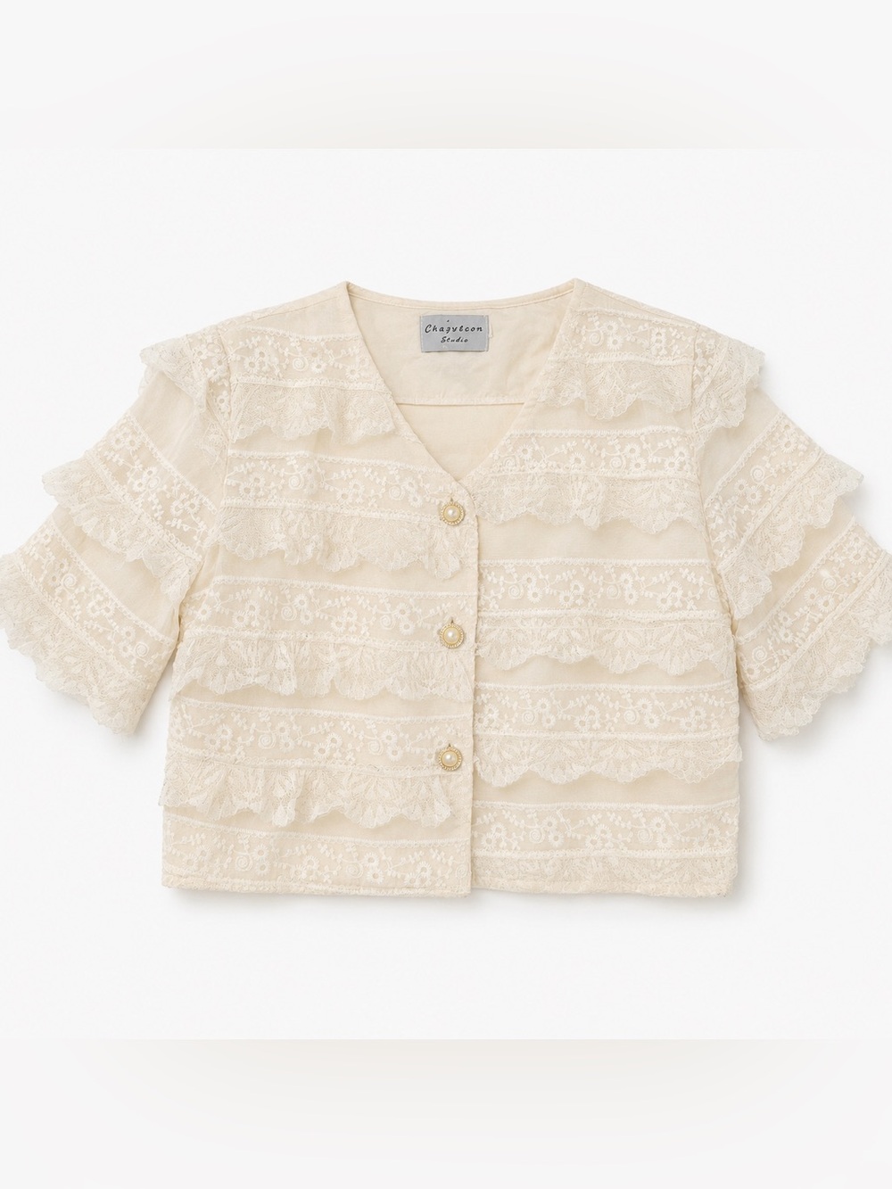 Crazyteen Studio Cream Lace Ruffle Pearl Button Crop Top Jacket L